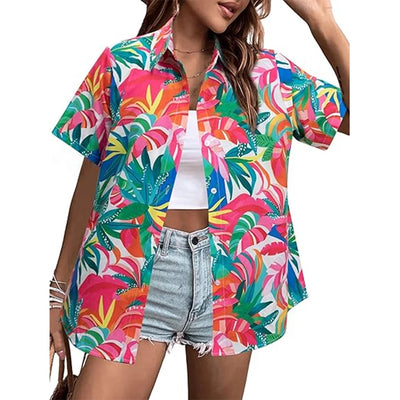 Women Short Sleeve Shirts Hawaiian Floral 3d Printed | SAMAG