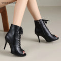 Dance Booties 9.5cm Dance Heels Black Leather Outdoor Latin Salsa Jazz Women Girls Dance Shoes