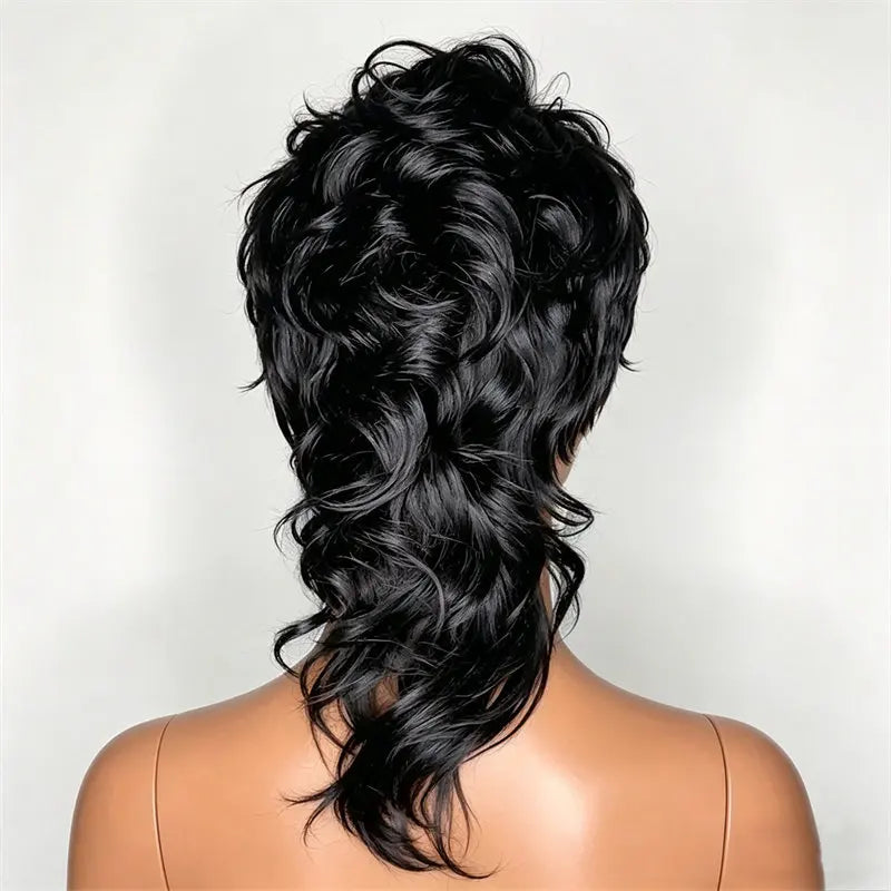 Fashion Style Short Mullet Pixie Cut Wig Natural Black Full Machine Made With Bangs Soft Smooth For Women Festival Party Daily