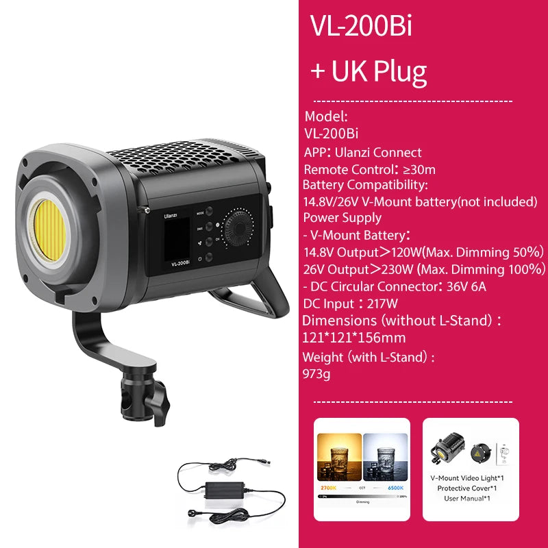 Ulanzi VL-120Bi VL-120C 120W V-Mount COB Video Light Wireless APP Control 2700K-6500K CRI＞95 for Video Photography Studio