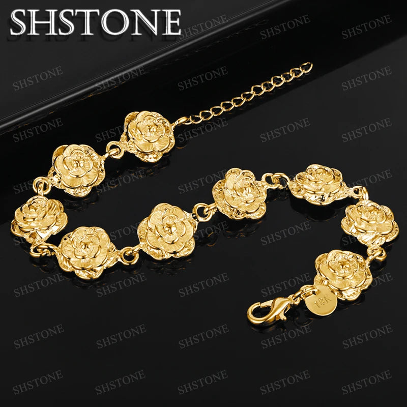 SHSTONE 18K Gold Lotus Flower Link Bracelets For Woman Party Wedding Engagement Christmas Birthday Fashion Jewelry Lady Gift