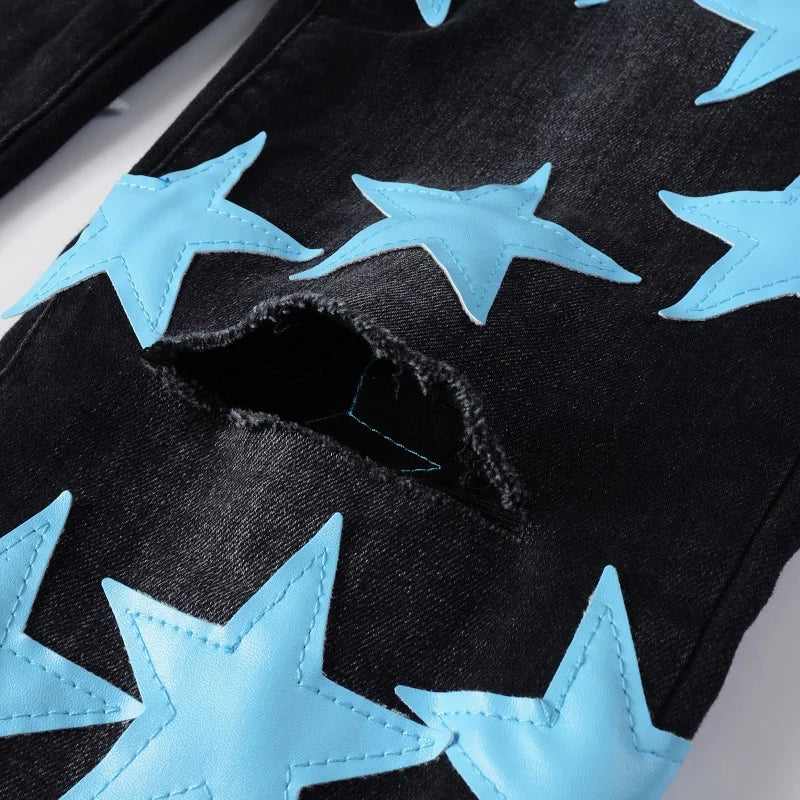 Men Sky Blue Leather Stars Patches Jeans Streetwear Black | SAMAG