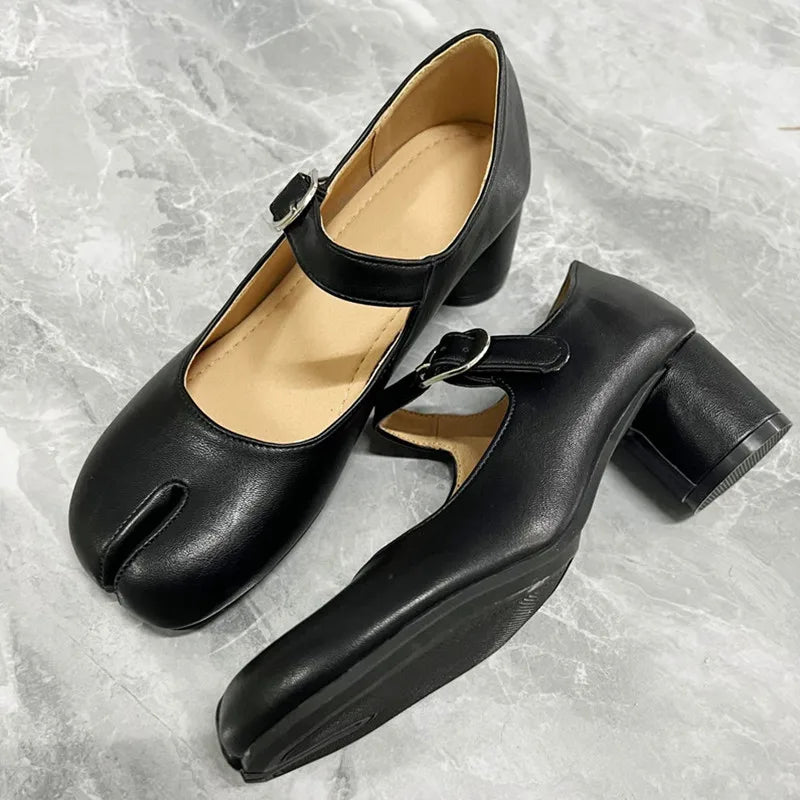 Ballet Style Fashion Split toe Mary Janes Women Pumps Comfortable Soft Leather Thick High heels Spring Summer Tabi Chunky Shoes