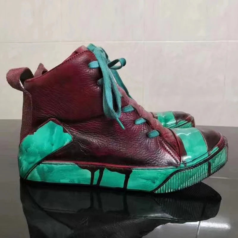 Retro Mixed Color Men Ankle Boots Handmade Genuine Leather High-top Men Sneakers Dark Black Street Style Fashion Men Flat Shoes