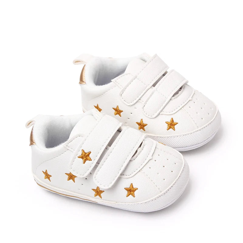 Baby White PU Sneaker Non-slip for Toddler Boys and Girls Cute Embroidery Stars and Hearts