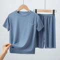 2-piece Summer Children's Solid Color Ice Silk Suit Boys Casual Fashion Cool Short-sleeved Girl Han Fan Joker Shorts Home Clothe
