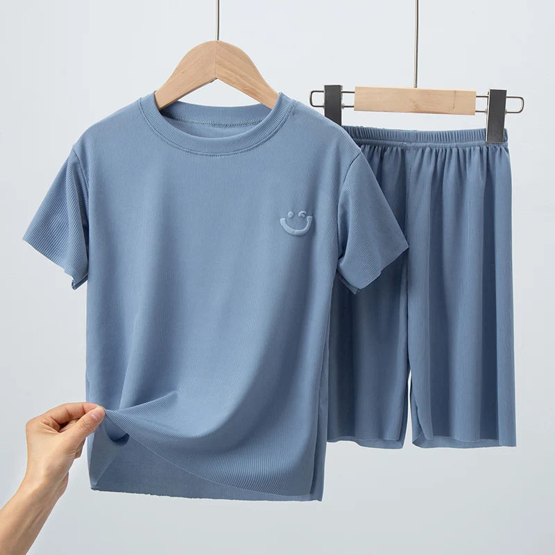 2-piece Summer Children's Solid Color Ice Silk Suit Boys Casual Fashion Cool Short-sleeved Girl Han Fan Joker Shorts Home Clothe