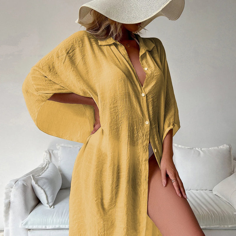 Women Lightweight Bamboo Cotton Beach Cover Up Shirt Style Loose Oversized Sun Protection Kaftan for Vacation Swimwear Outerwear
