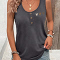 Vintage Leopard Triple Hearts Women Henley Sleeveless Tank Top U Neck Button Curved Hem Black Casual Daily Vest