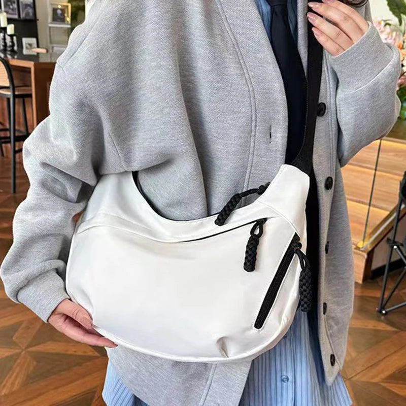 Casual Women's Nylon Crossbody Bag, Large Capacity Hobo Shoulder Purse with Adjustable Strap, Black/White/Khaki for Daily Use