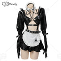 Meowcos Women Gothic Dark Maid Lingerie Set Black Sexy Bodysuit with Miniskirt and Stockings Cosplay Costumes