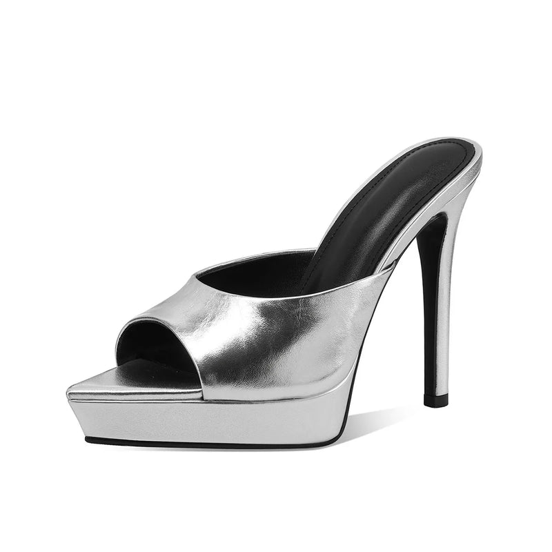 Arden Furtado Women's Patent Leather Pointed Toe Platform Super High Heel Summer Mules Slip On Fashion Slippers