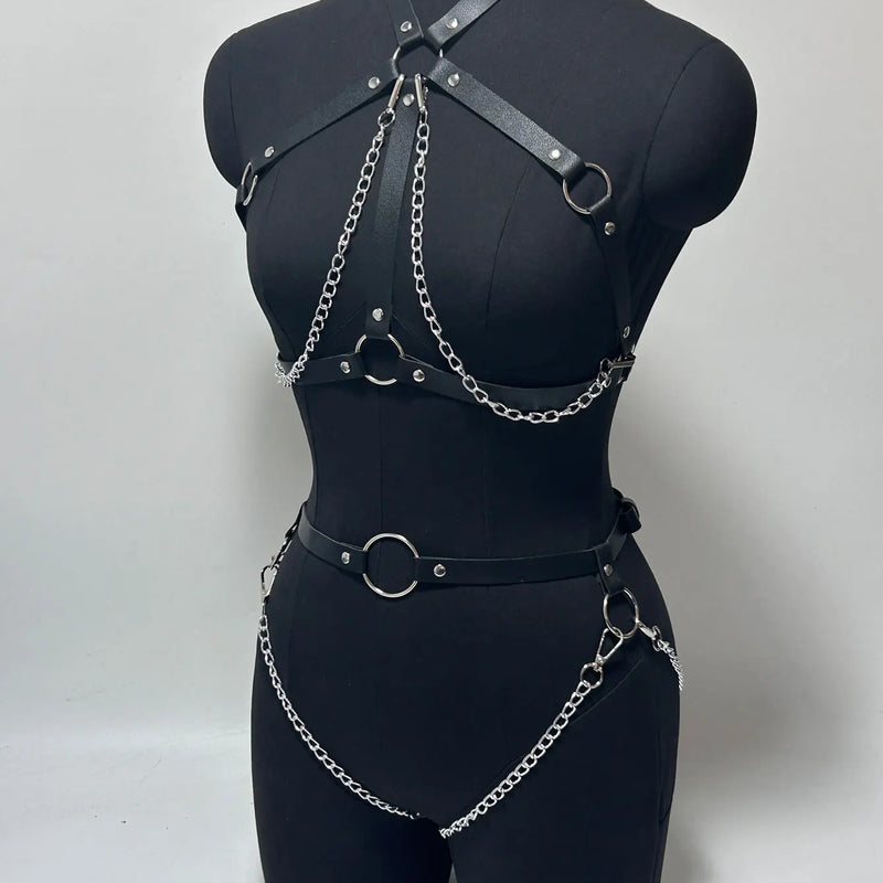 Women Fashion Full Body Chain Leather Waist Belt and Thigh Garter Set, Punk Gothic Metal Chain Suspenders for Festival Cosplay