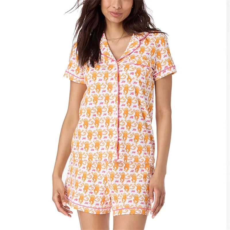Monkey Print Short Sleeved Spring/summer New Pajama Set Two Piece Set of Women's Pajamas Fashionable and Elegant Style