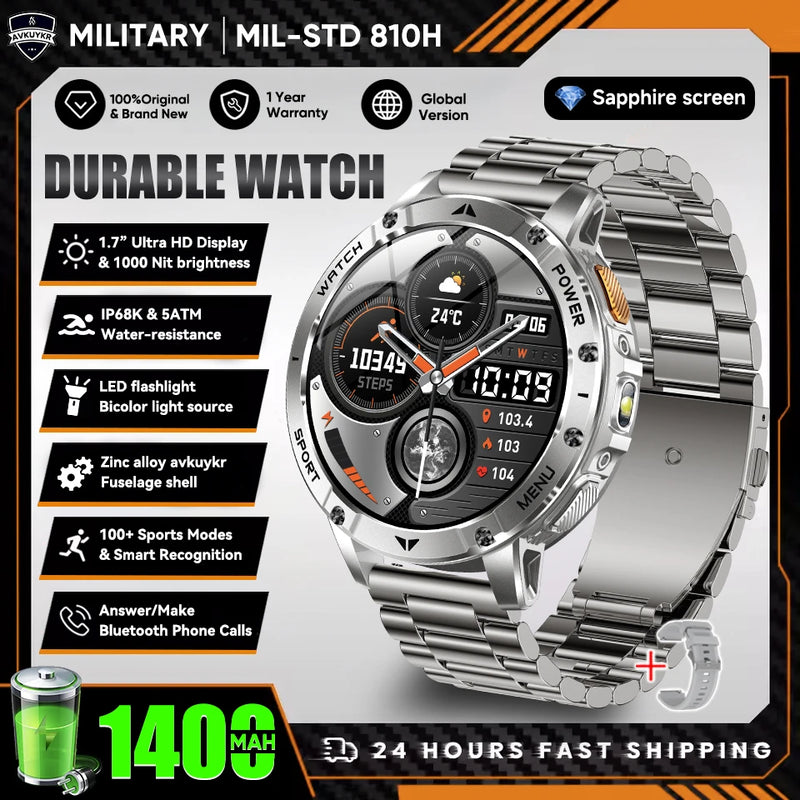 Military Grade Alloy Smartwatch 1400mAh Long Standby Waterproof SOS Emergency Flashlight BT Call Outdoor Sports Watch For Men