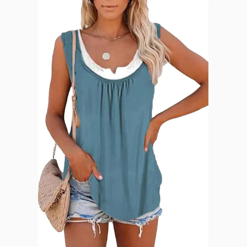 2024 summer new Europe and the United States women's blouse solid color patchwork sleeveless pleated vest T-shirt