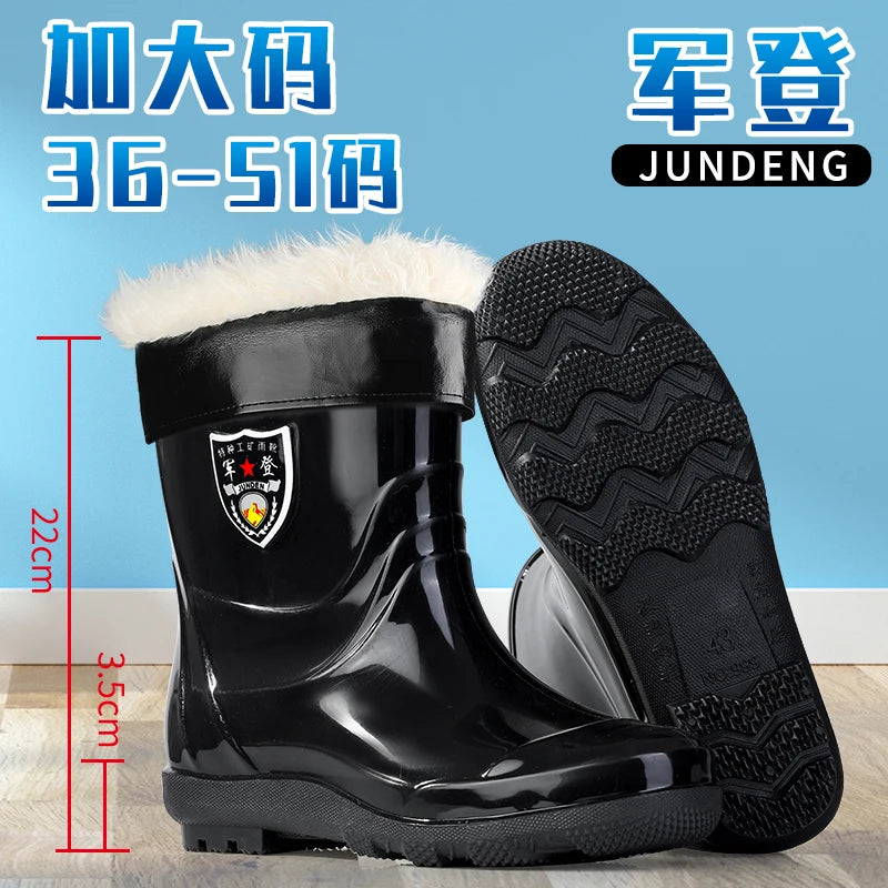 Large Size Men's Rain Boots High Tub Waterproof Anti-slip Work Site Rubber Shoes Fleece Lined Durable Plastic Outsole
