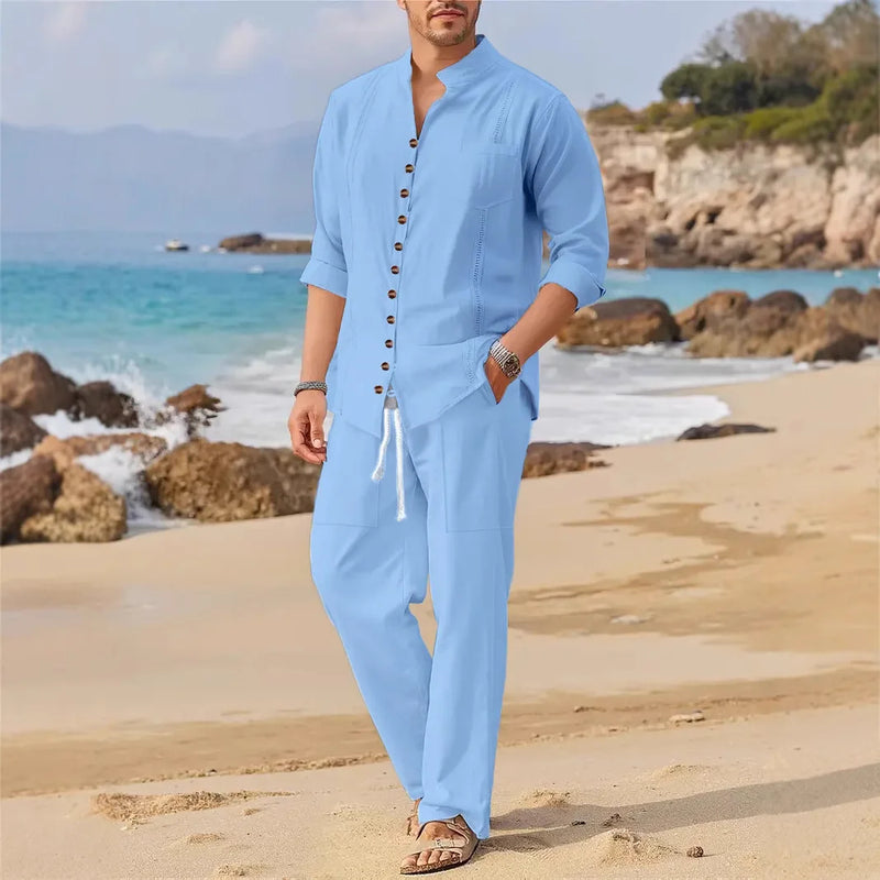 Men's Retro Cotton And Linen Set, Spring And Autumn Fashion Stand - up Collar Pocket Long Pants - sleeved - View 6 | SAMAG