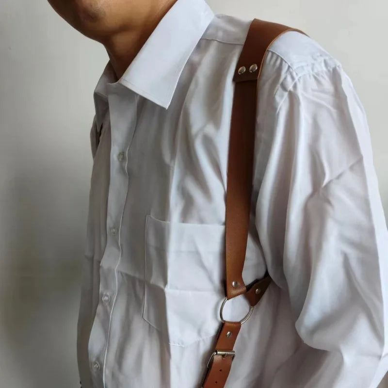 Mens Leather Chest Chain Suspender Harness Belt, Sexy Bondage Straps Crop Top, Punk Gay Club Costume (Straps-Brown)