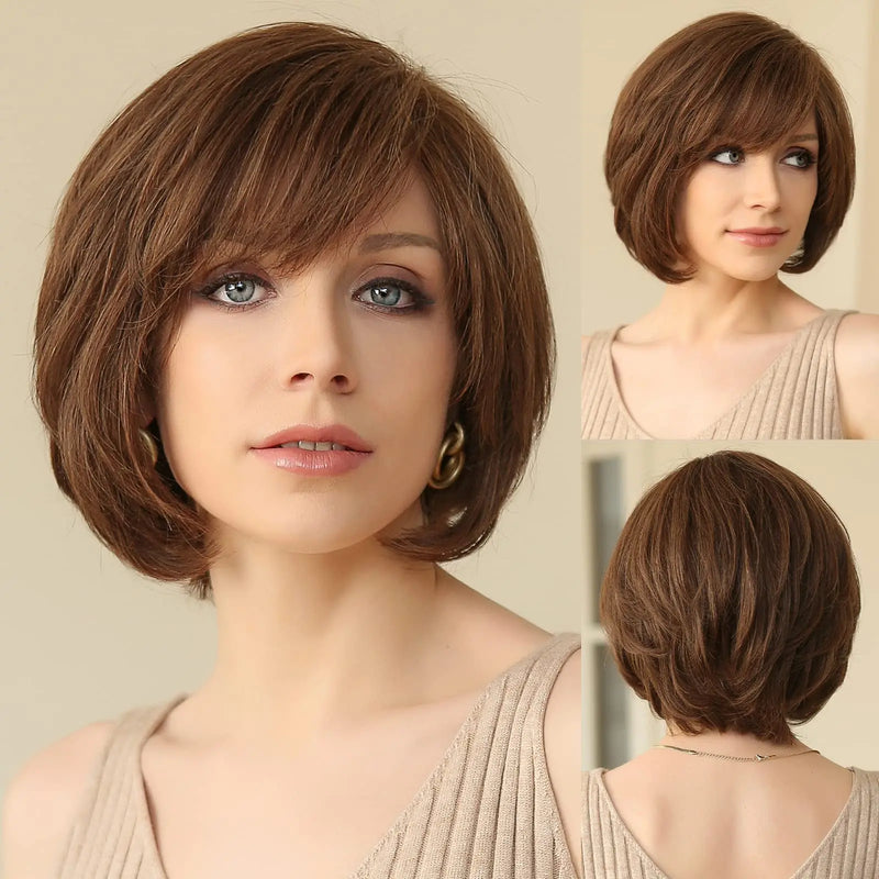 Short Straight Blonde Brown Lace Front Human Hair Wigs with Bangs for Women 100% Remy Human Hairs Bob Natural Wavy Layered Wigs