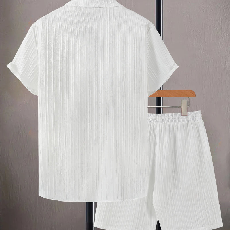 Men's White Pleated Texture Set Cuban Collar Short Sleeve | SAMAG