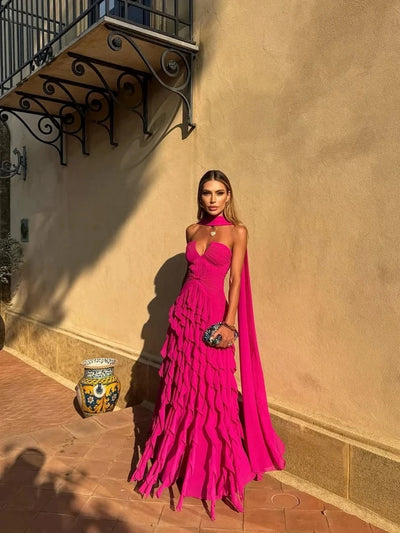 Halter Long Train Evening Gown Sweetheart Multi Layer | SAMAG