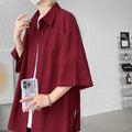 Wine Red Side Buttons Pleated Shirt Black Apricot | SAMAG