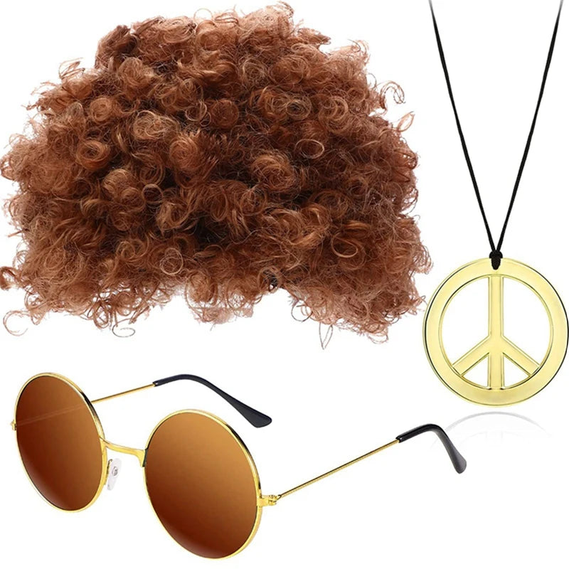 Men Synthetic Wig Hat Curly Hair Cap Sunglasses Necklace 3 PCS Set Funny 70s Disco Hippie Hair Props Party Hip Hop Dance Costume