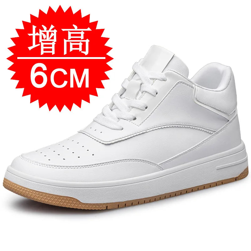 Men's Invisible Height Increasing Elevator Shoes 6cm 8cm 10cm Pure White Light-Weight Lace-up Genuine Leather Sporty Sneakers