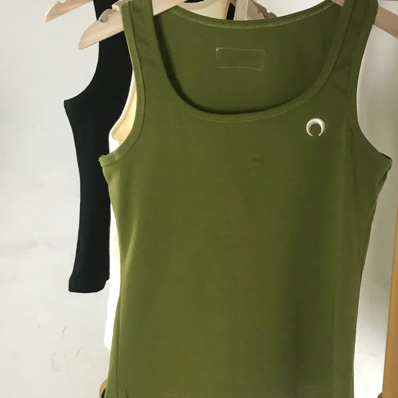 High Street Tank Top Sleeveless Women Moon Embroidery Korean Style Cotton Slim Fit Versatile Bottom Strap Tops