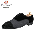 Piergitar Toe Cap Crystals Feature Luxurious Patchwork Velvet Oxfords Shoe Handmade Men Dress Shoes CL Same Red Sole Alpha Flats