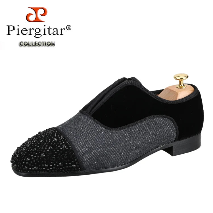 Piergitar Toe Cap Crystals Feature Luxurious Patchwork Velvet Oxfords Shoe Handmade Men Dress Shoes CL Same Red Sole Alpha Flats