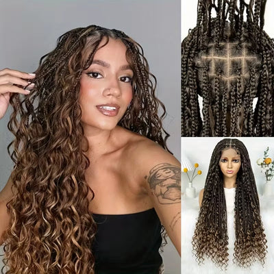32 Inch Knotless Full Lace Boho Box Braid Synthetic Wig for Women Braided Wigs with Bohemian Curly Ended Double Full Lace