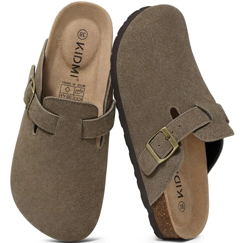 Comwarm Arch Support Unisex Clogs Slippers With Adjustable Metal Buckle Vegan Suede Mules Anti-slip Cork Footbed Potato Shoes