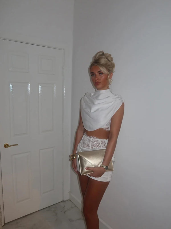 Women's Satin Draped Cowl Neck Crop Top Sexy Lace Corset Mini Skirt Two Piece Set Sleeveless High Waist Ruched Bodycon Skirt