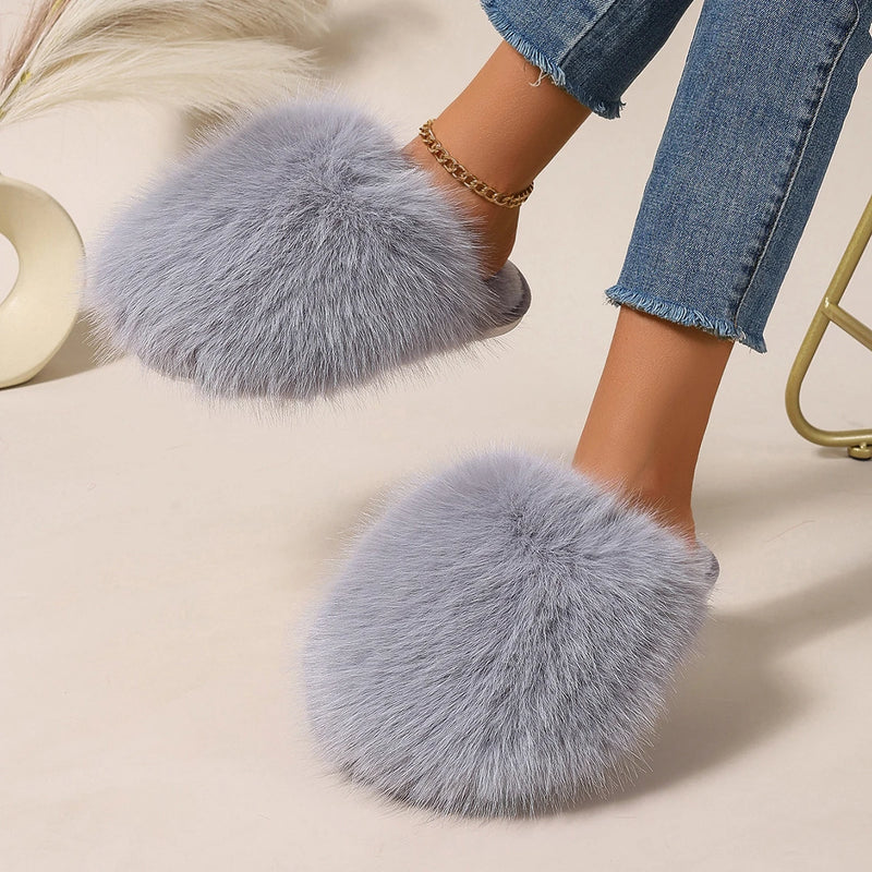 Women Indoor Slippers Winter Faux Fur Home Shoes Women 2025 New Soft Sole Fashion Warm Fluffy Slippers Solid Baotou Slides Women
