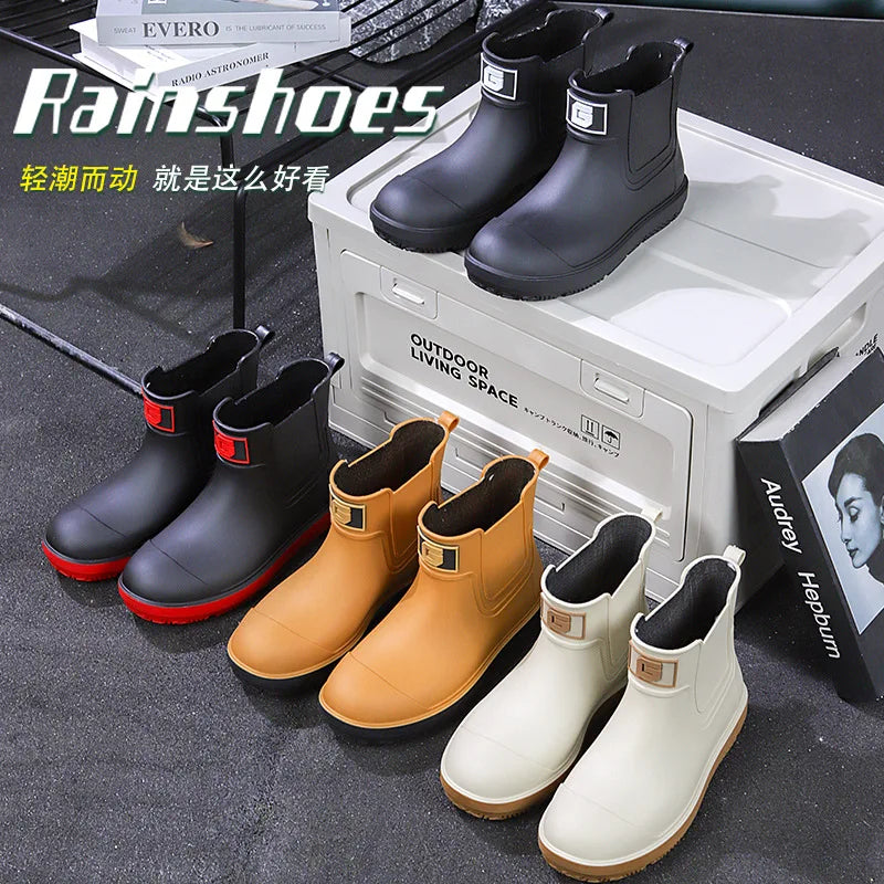 New Mens Rain Boots Outdoor Short Tube Sports Shoes Fishing Nonslip Work Garden Rubber Shoes Water Kitchen Ankle Shoes Keep Warm