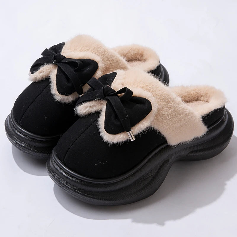 Bow Winter Women's Slippers Home Casual Plush Luxury Designer Woman Shoes Wedges Platform Fuzzy Fur Slides Fashion Soft Sole