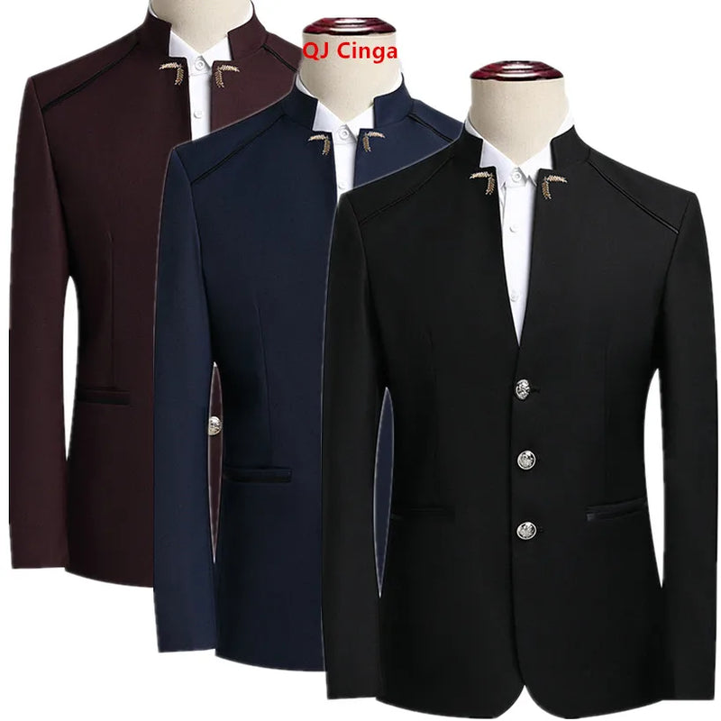 Black Stand-up Collar Men Retro Suit Jacket, Asian Size Slim-fit Blazer Coat, Single-Breasted Long-Sleeved Overcoat M-5XL