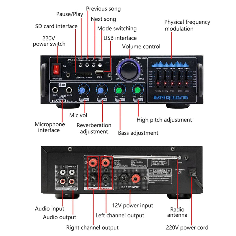 High Power Amplifier 2.0 Channel Audio Home Theater Amplifiers DC 12V 110V/220V Support FM SD USB Dual Mic Bluetooth Remote