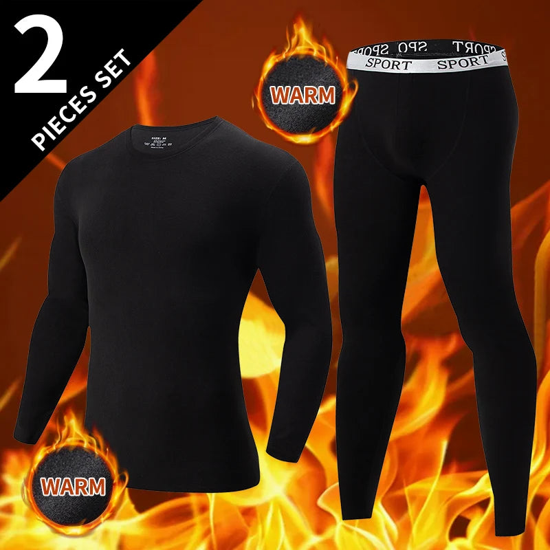 2-piece Autumn And Winter Men's Black Casual Warm Underwear Set Large Comfortable Round Neck Sports Fitness Base Shirt Sleepwear