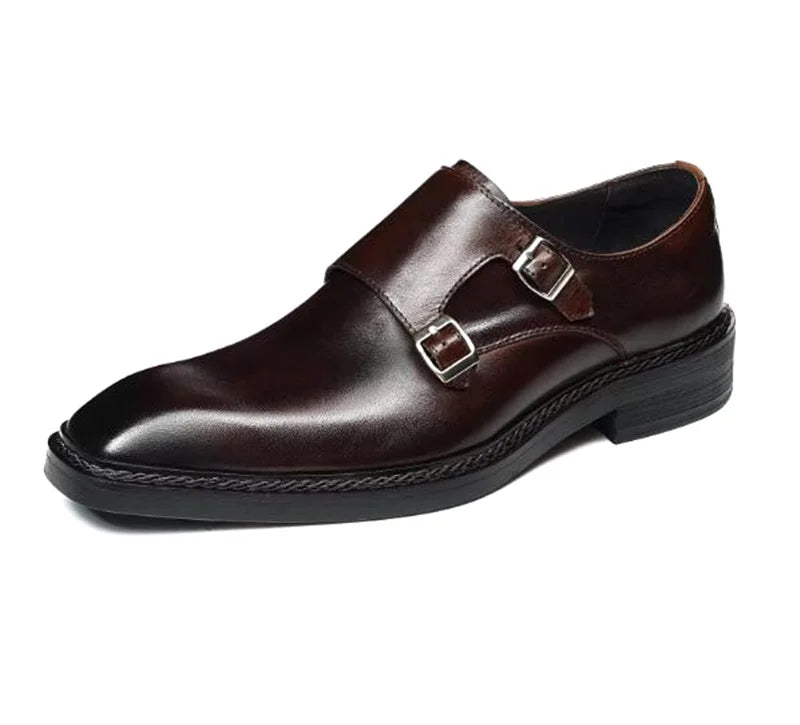 High-end Cowhide Leather Shoes For Men Square Toe Double Monk Strap Shoes Mens Dress Shoes Slip On Business Formal Shoes