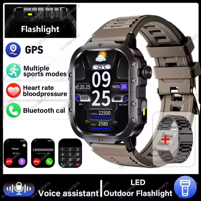 2026 New Military Smart Watch Men IP67 3ATM Outdoor Sports Fitness Tracker Blood Pressure Health Monitor BT Calls GPS Smartwatch