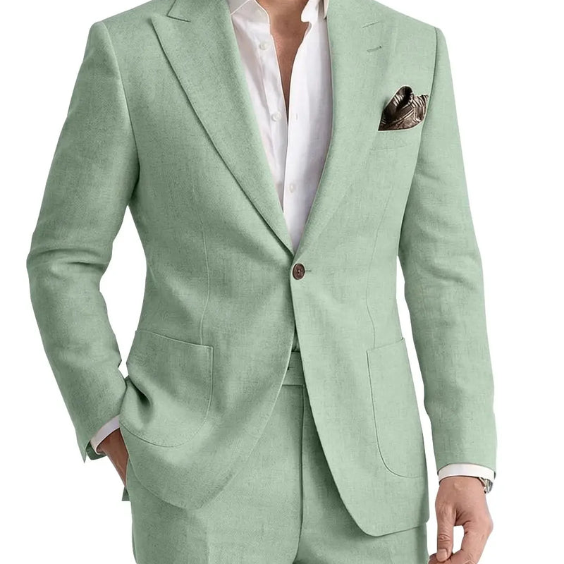 Men's 2 Pieces Linen Suits Casual Lightweight Summer Beach Groom Wedding Suit Linen Blazer Pants Set
