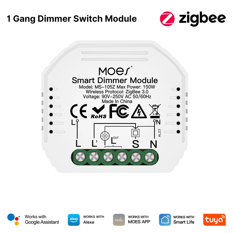 MOES Tuya WiFi/Zigbee Smart Switch Module Light Control Dimmer Curtain 1%-100% Voice Control Work with Alexa Google Home RF433