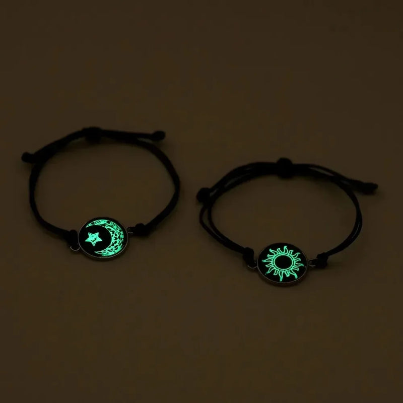 Handmade Braided Couple Bracelets Sun Moon Themed Glow In The Dark Glass Bead Adjustable Rope Wrist - Visuel 4 | SAMAG