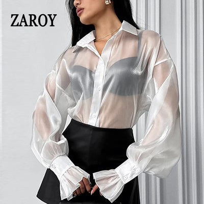 ZAROY Sexy See - though Women Shirt Perspective Organza | SAMAG
