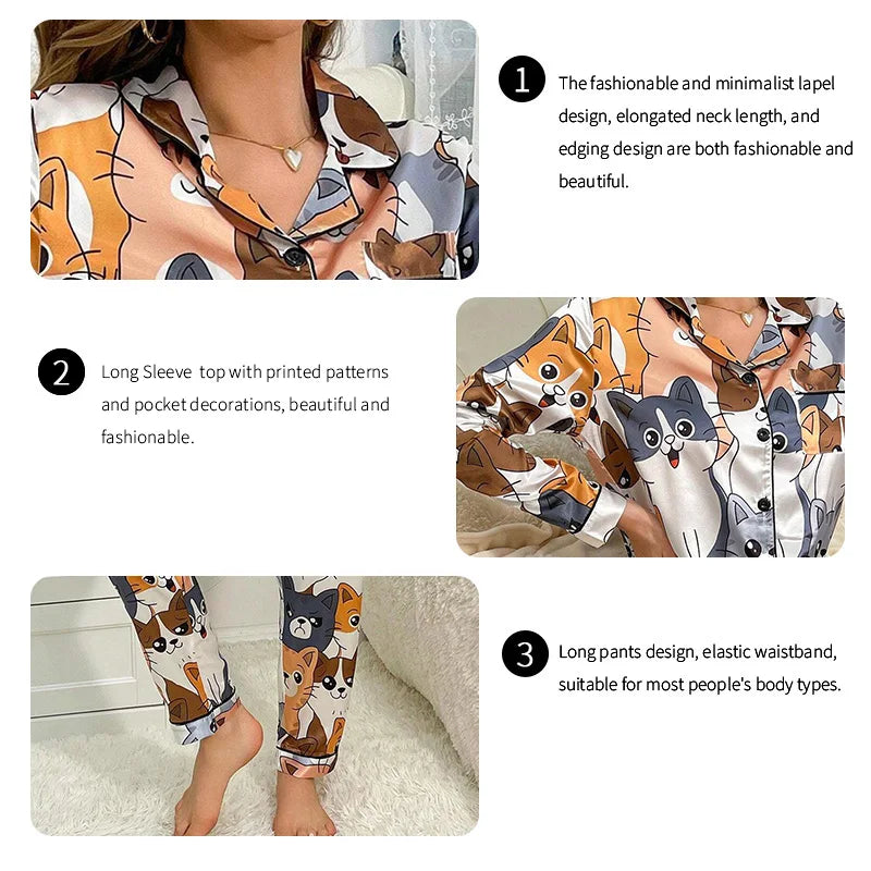 Cute Cat Print Pajama for Women Satin Long Sleeve Lapel | SAMAG