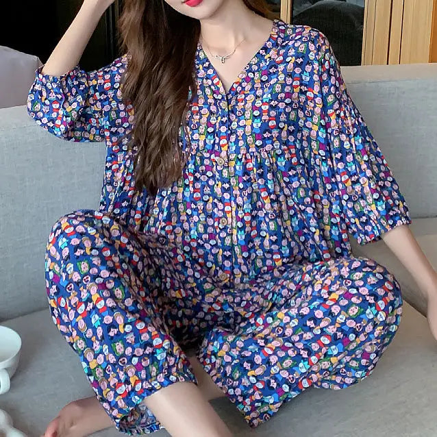 Cotton Sleepwear Big Size Cardigan Seven-minute Pants Two-piece Print Loungewear Pajama Sets Summer Nightwear Korean Fashion