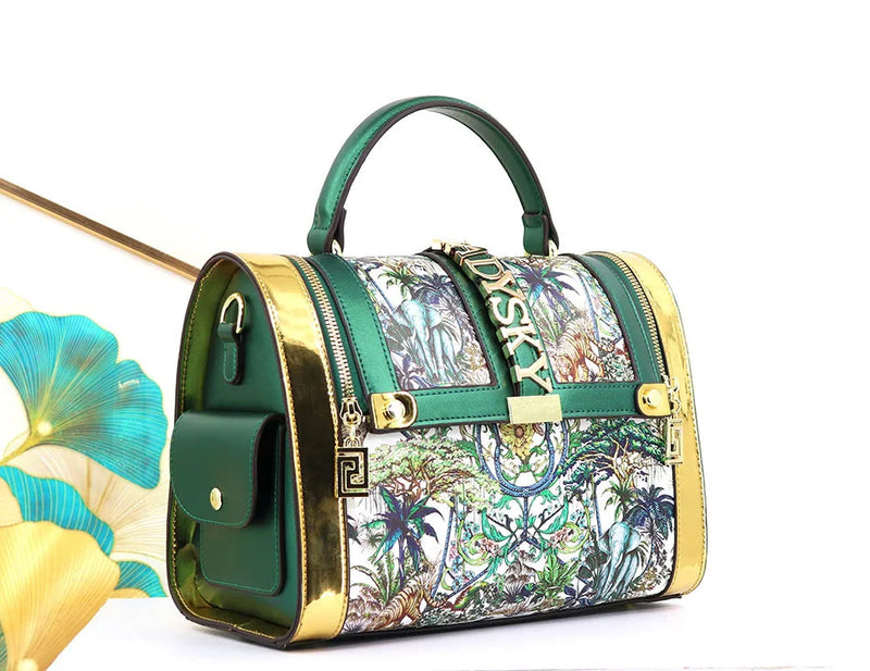 Women Boston Bag Printed Pattern Handbag Large Capacity Shoulder Crossbody Bag Double Zipper Half Cover Style Top Handle Bag